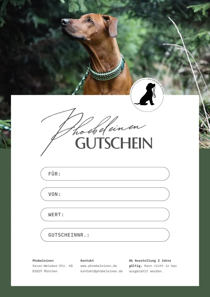 Gutscheine für den Kauf bei Phoebeleinen. Hundeleinen und Hundehalsbänder selbstgeflochten aus Paracord